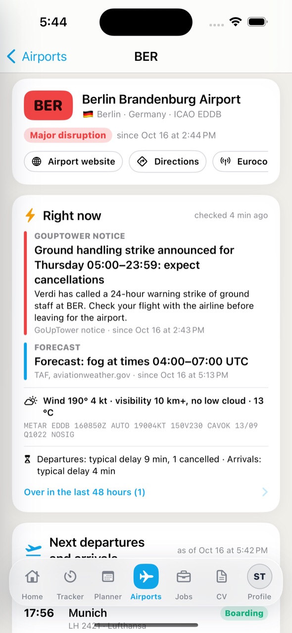 Airport status in the GoUpTower app