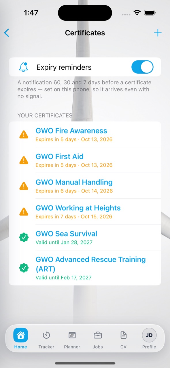 Certificates and reminders in the GoUpTower app