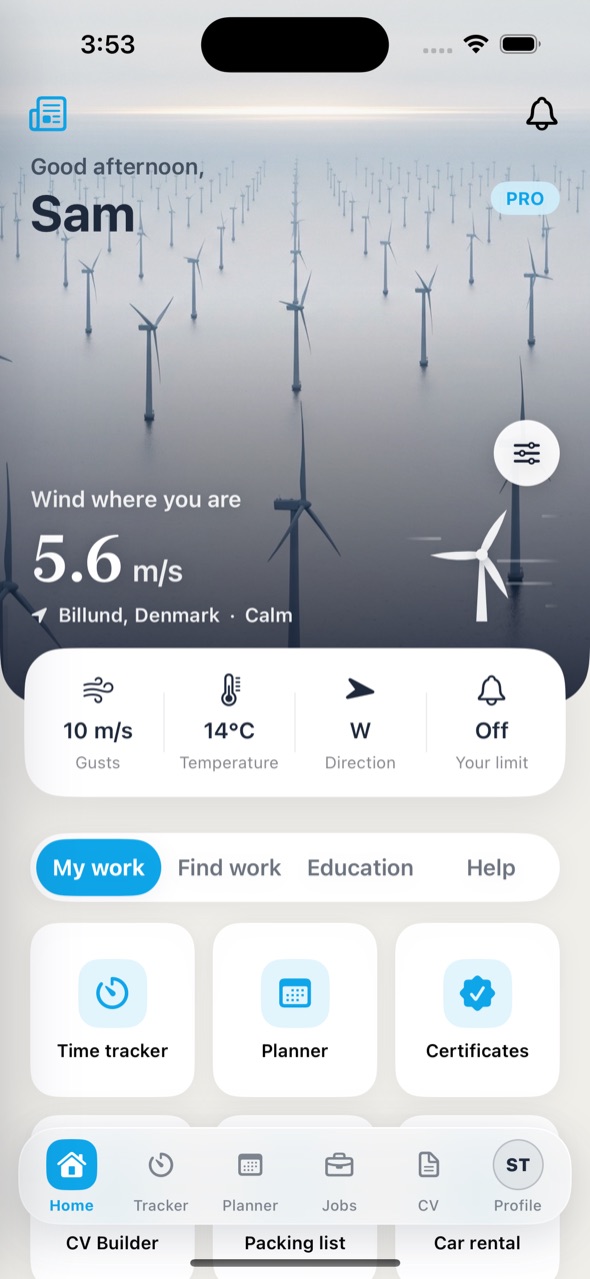 The GoUpTower app's home screen: wind on site, the time tracker, planner and certificates