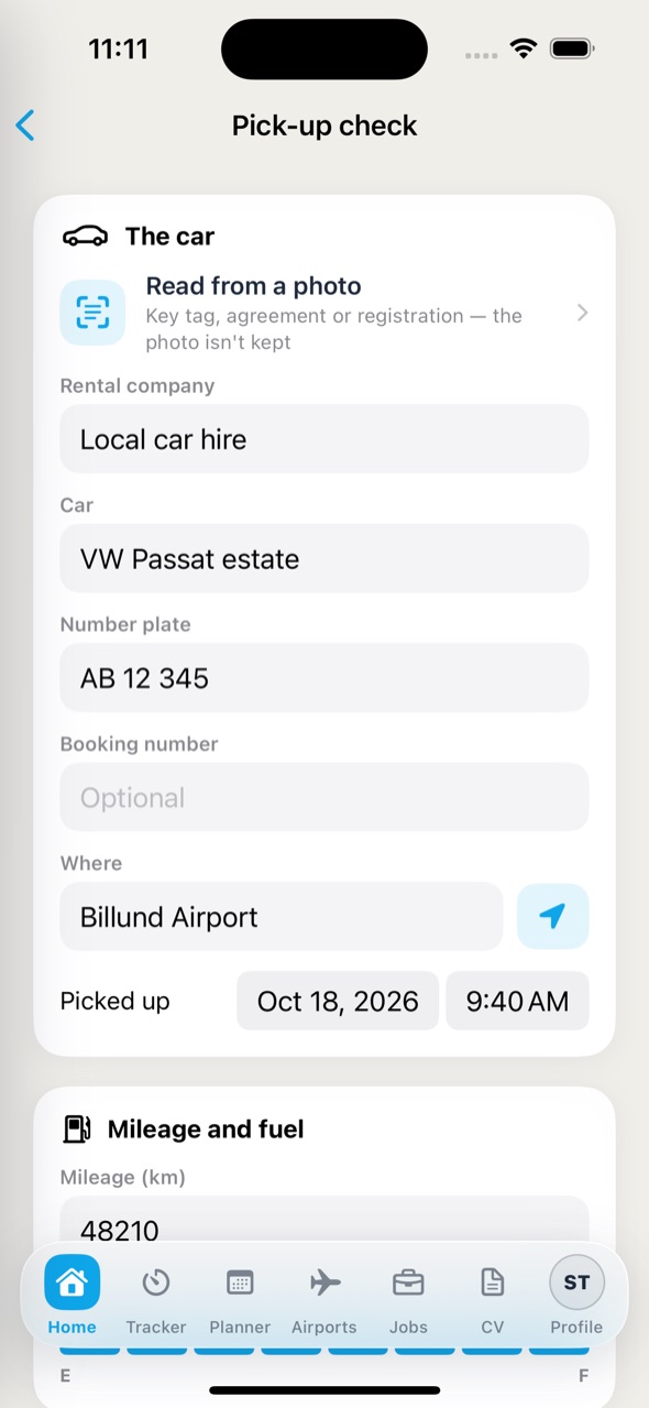 The pick-up check: the car read from a photo, the rental company, the plate and the mileage