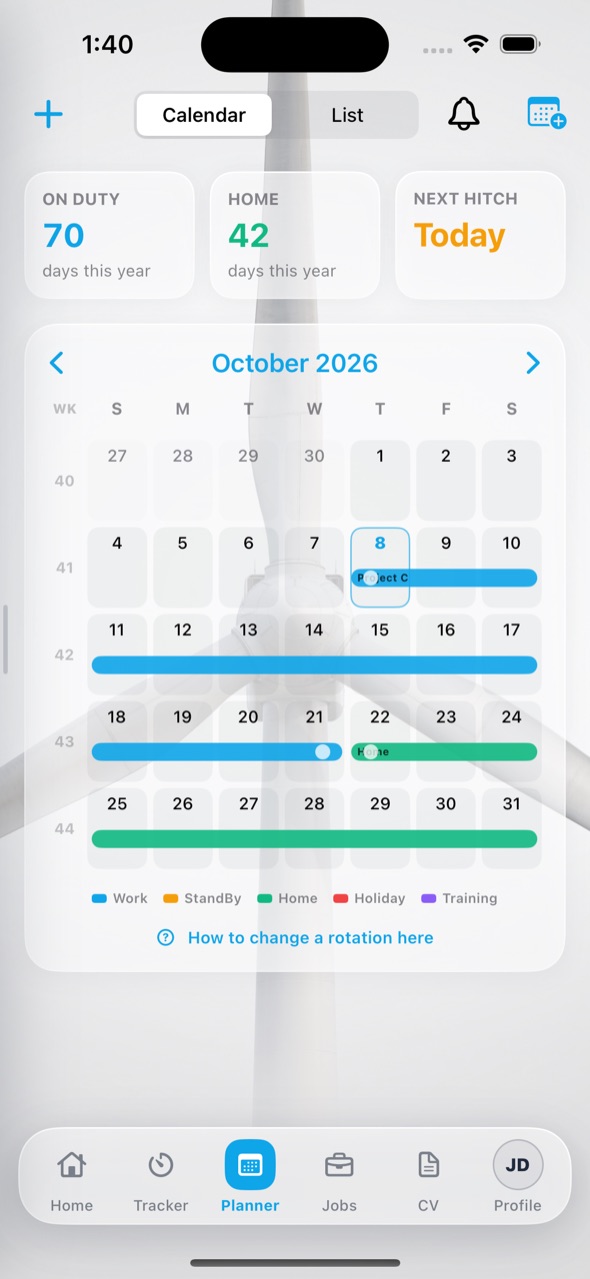 Rotation planner in the GoUpTower app