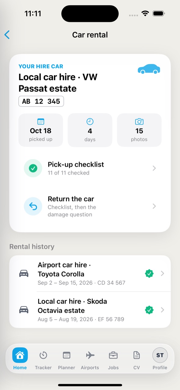 Car rental: the current hire car with its checklists and the rental history