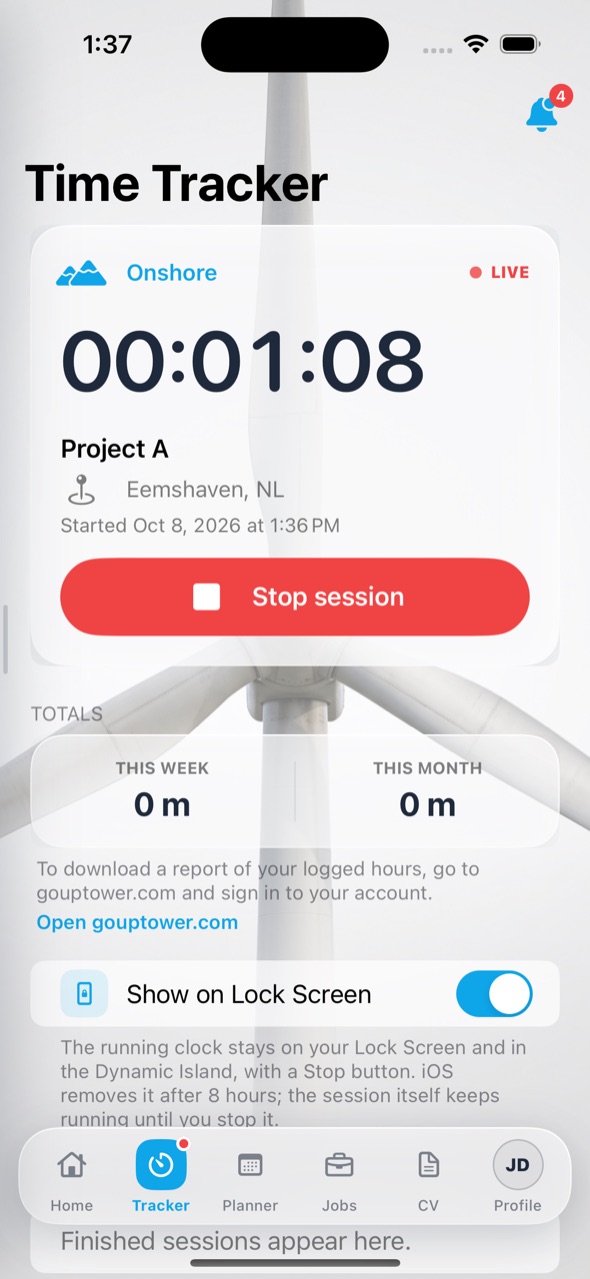 Time tracker in the GoUpTower app