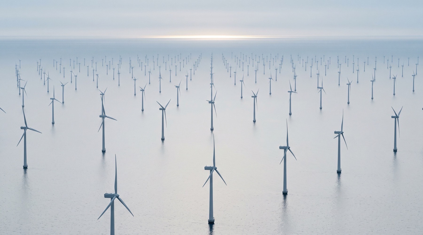 Offshore wind farm: rows of turbines at sea